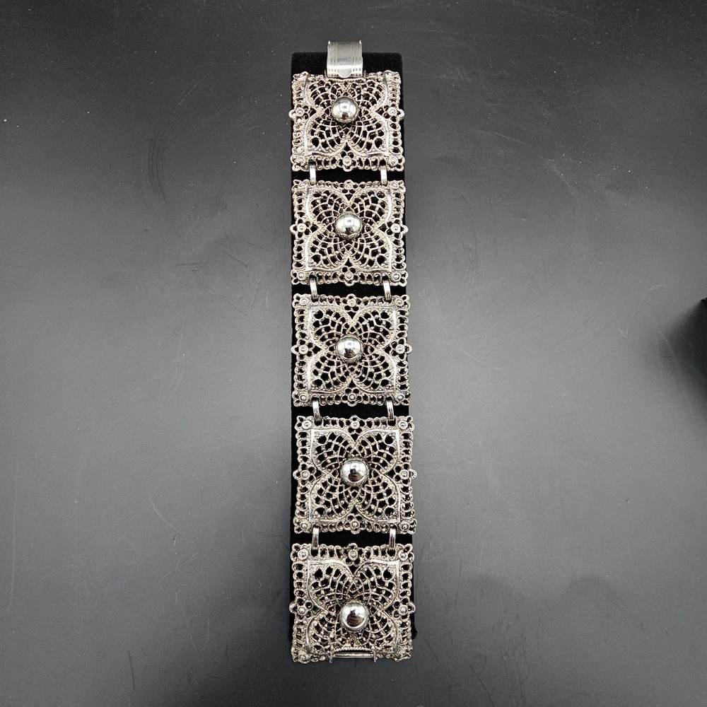 Vintage Celebrity Filigree Square Panel Bracelet SIGNED Silver Tone 1960s
